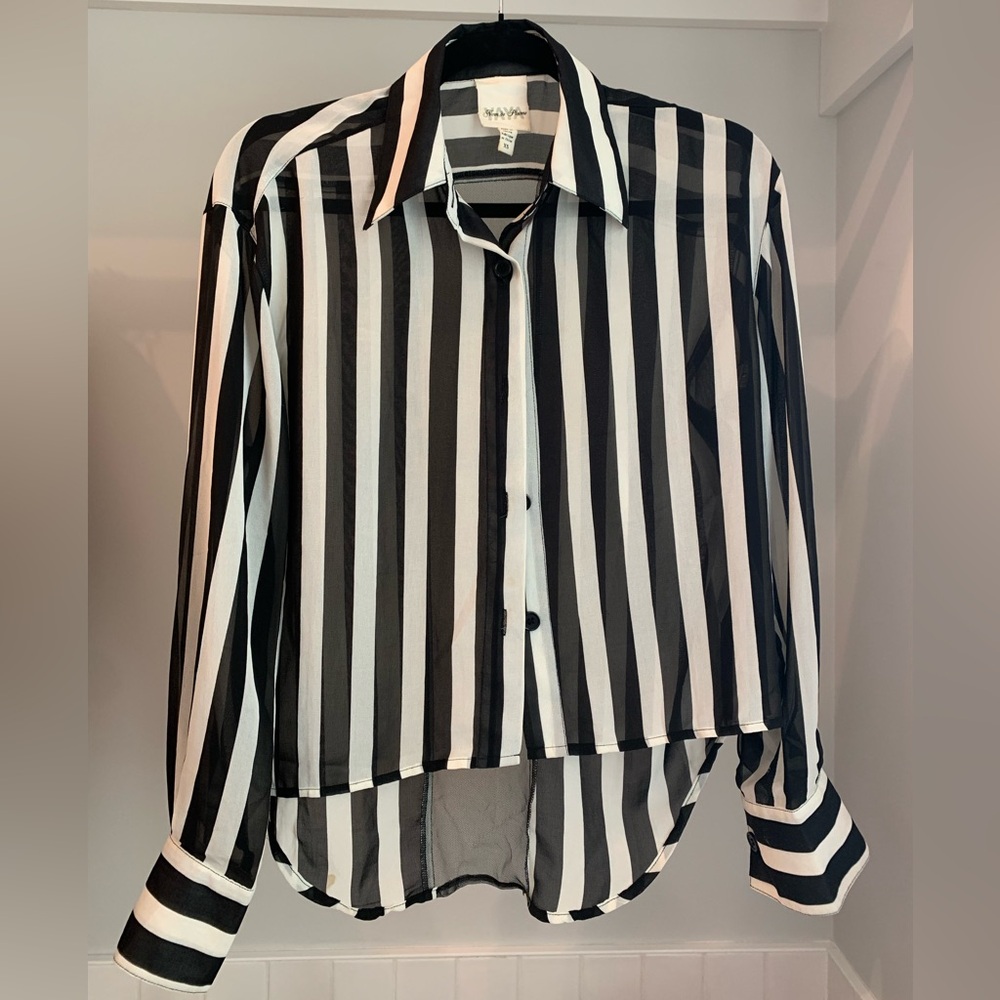 Hi-Lo Trendy button-up blouse with sheer mesh in the back